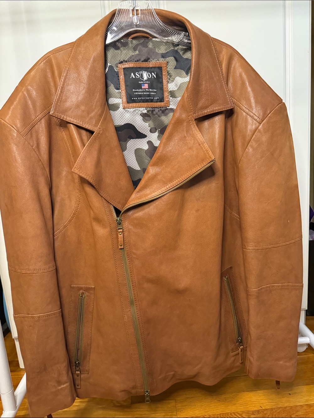 Custom Tailored Aston USA Genuine Leather Moto Jacket Cognac Brown/Tan XL/XXL